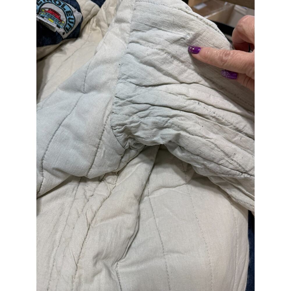 Vintage 70s 80s Quilted Lined Denim Long  Coat Leather Trim Sample Tag Rare - Picture 11 of 15